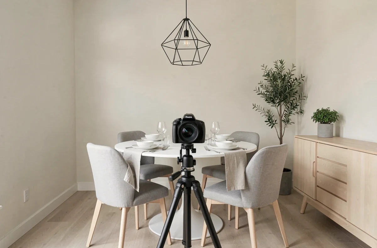 Salle à manger moderne mise en scène avec caméra 360 sur trépied pour une visite virtuelle immobilière professionnelle