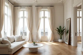 Salon haussmannien lumineux avec hauts plafonds moulurés, parquet en chevrons et grandes fenêtres laissant entrer la lumière naturelle