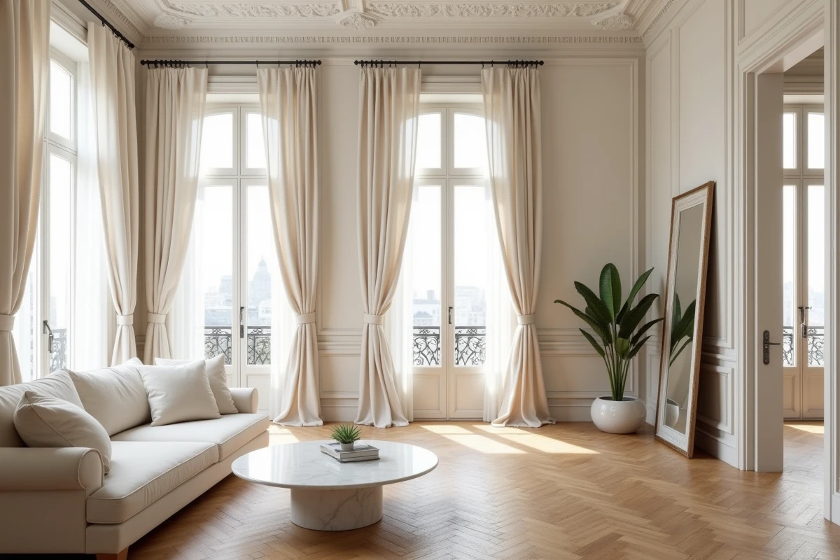 Salon haussmannien lumineux avec hauts plafonds moulurés, parquet en chevrons et grandes fenêtres laissant entrer la lumière naturelle