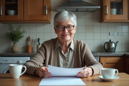 Femme senior souriante avec documents fiscaux à la maison