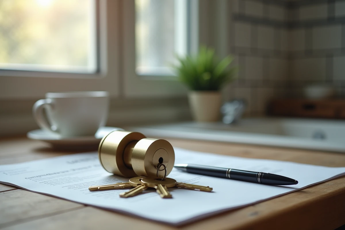 Nouvelle serrure, clés et document juridique sur une table en bois, symbolisant les droits du locataire face aux violences conjugales
