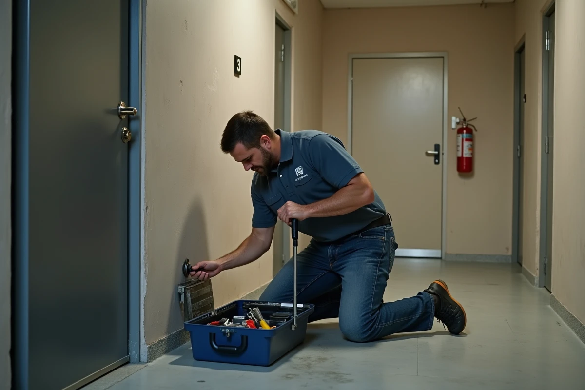 Un serrurier installe une nouvelle serrure de sécurité renforcée sur la porte d'un appartement loué
