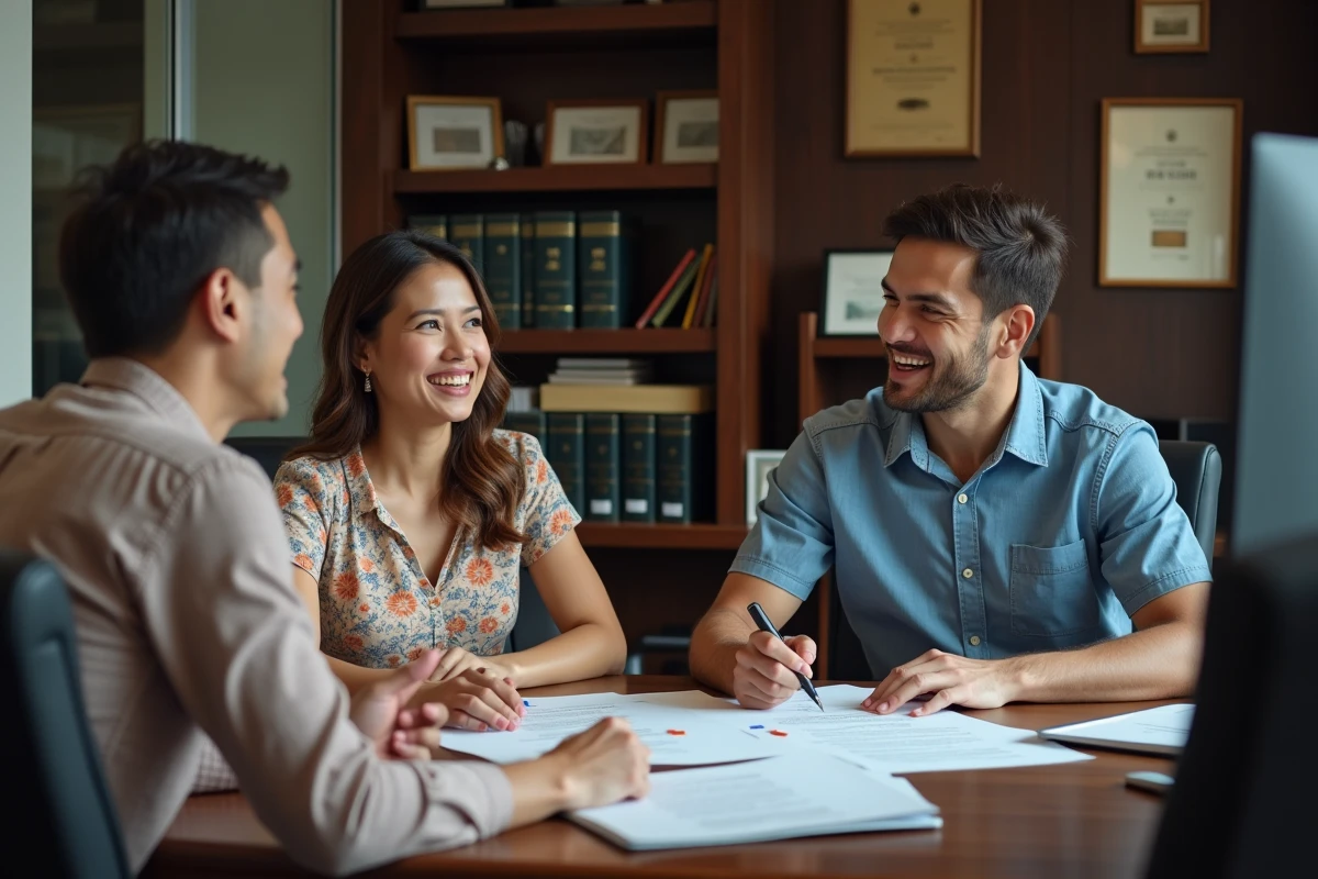 Couple occidental signant un contrat immobilier avec un avocat thaïlandais dans un bureau notarial à Bangkok