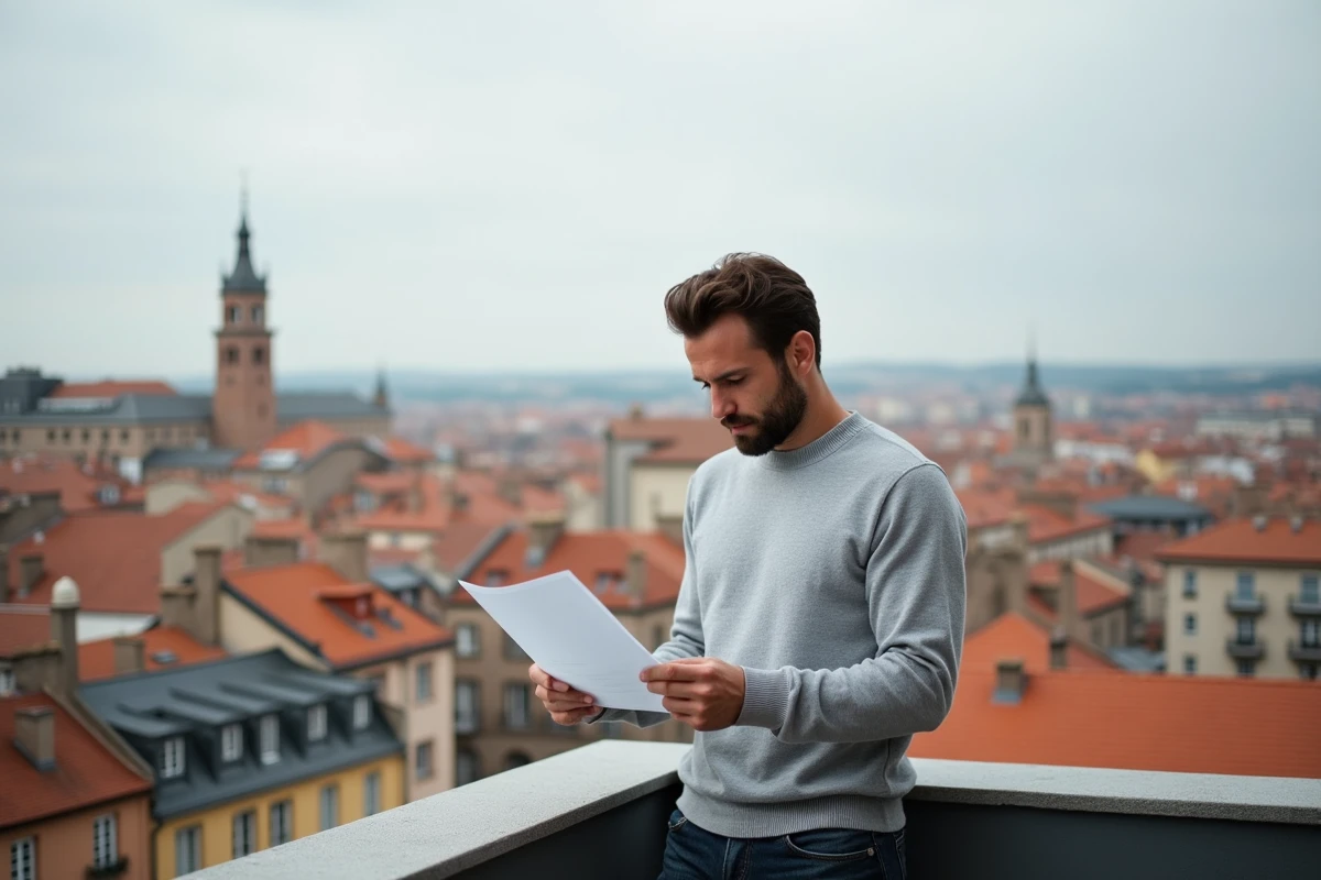 Homme lisant un contrat immobilier sur le balcon d'un appartement avec vue sur les toits de Toulouse et le Capitole