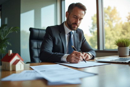 Professionnel d'affaires signant des documents immobiliers en bureau