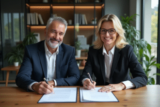 Couple signant des documents chez le notaire