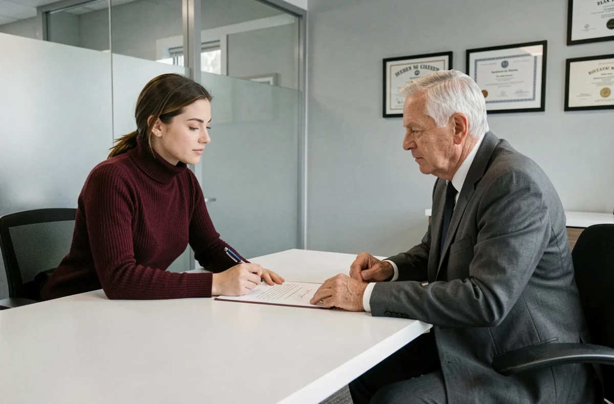 Cliente signant une procuration devant un notaire lors d'une consultation juridique officielle