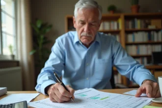 Homme de 55 ans analysant un simulateur viager sur tableur Excel avec formules surlignées et calculatrice sur un bureau en bois