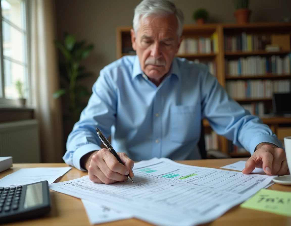 Homme de 55 ans analysant un simulateur viager sur tableur Excel avec formules surlignées et calculatrice sur un bureau en bois