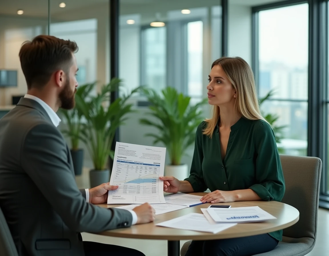 Deux professionnels de l'immobilier comparant une simulation de frais de notaire pour une opération de marchand de biens dans un bureau moderne