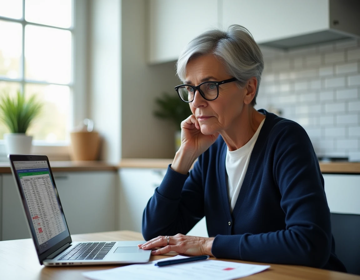 Femme senior avec lunettes consultant un tableur Excel de simulation viager sur ordinateur portable dans une cuisine moderne