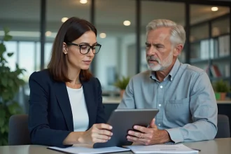 Syndic et copropriétaire discutant autour d'un tablet dans un bureau de gestion immobilière moderne