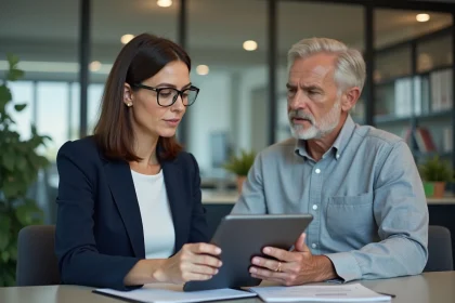 Syndic et copropriétaire discutant autour d'un tablet dans un bureau de gestion immobilière moderne