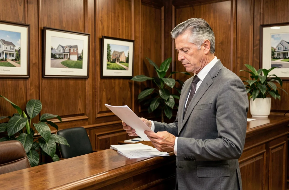 Professionnel d'un syndic traditionnel examinant des documents dans les bureaux d'un cabinet de gestion immobilière