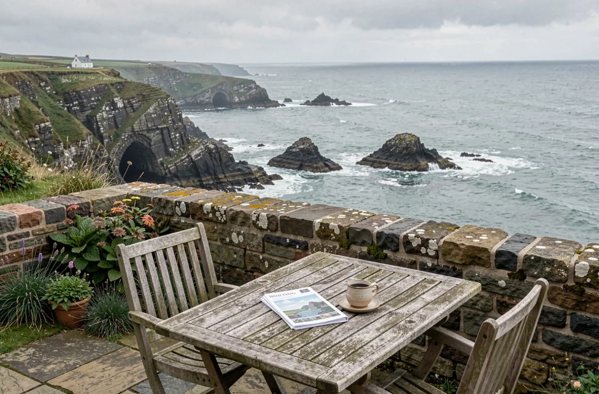 Terrasse de maison de pêcheur à vendre en Bretagne avec vue panoramique sur la côte et la mer