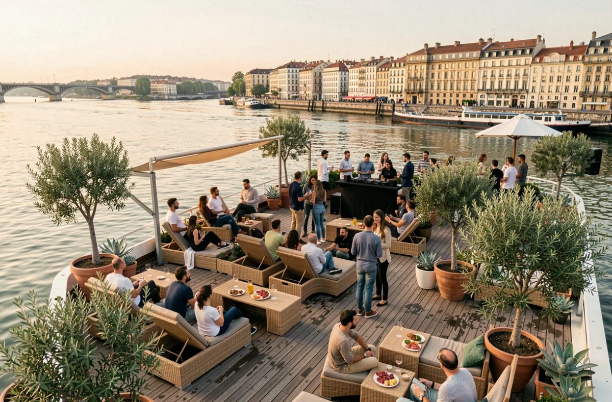 Vue aérienne de la terrasse d'une péniche sur le Rhône à Lyon avec DJ set et clients en terrasse au coucher du soleil