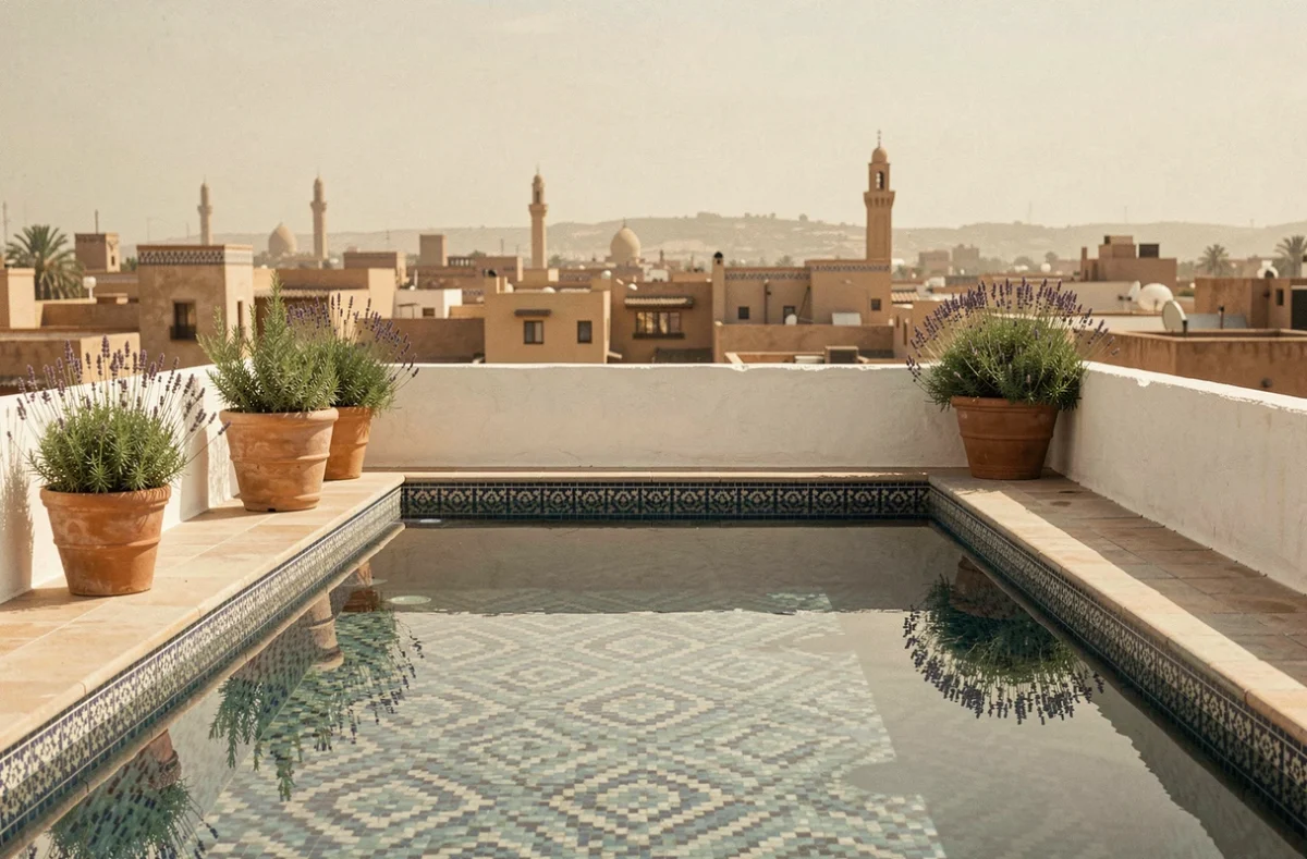 Terrasse et piscine privée sur le toit d'une villa à vendre à Marrakech avec vue sur la médina et ses minarets