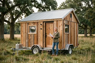 Tiny house sur roues installée dans un pré rural, stratégie légale sur terrain non constructible