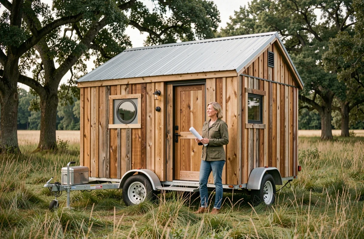 Tiny house sur roues installée dans un pré rural, stratégie légale sur terrain non constructible