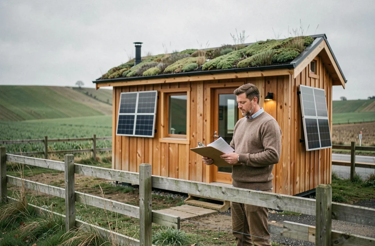 Homme consultant des documents devant une tiny house autonome en zone agricole non constructible
