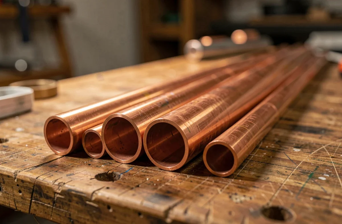 Tubes de cuivre de diamètres différents posés sur un établi
