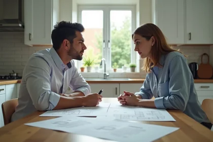 Frère et sœur assis autour d'une table avec des documents immobiliers lors d'une discussion sur la vente d'une maison en indivision