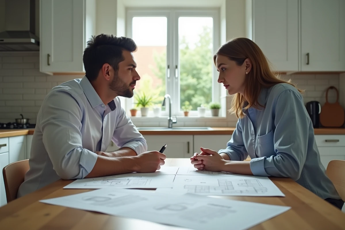 Frère et sœur assis autour d'une table avec des documents immobiliers lors d'une discussion sur la vente d'une maison en indivision