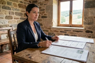 Femme en train de signer des documents immobiliers dans une maison en pierre de Lozère lors d'une vente urgente suite à un divorce