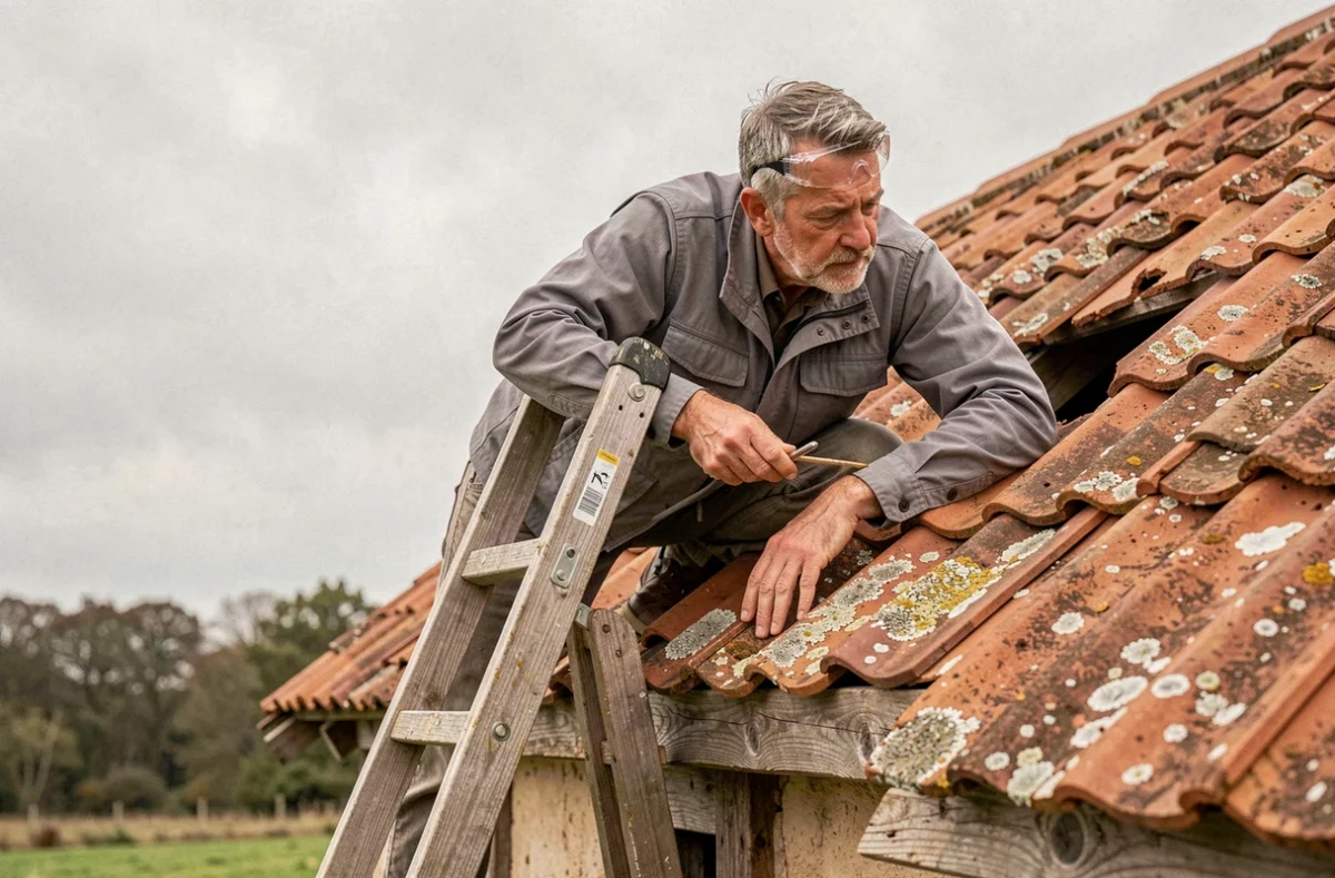 Architecte sur échelle vérifiant la toiture en tuiles d'une longère normande avant acquisition
