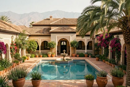 Villa de luxe à vendre à Marrakech avec piscine turquoise et jardin fleuri de bougainvillées dans une architecture traditionnelle marocaine