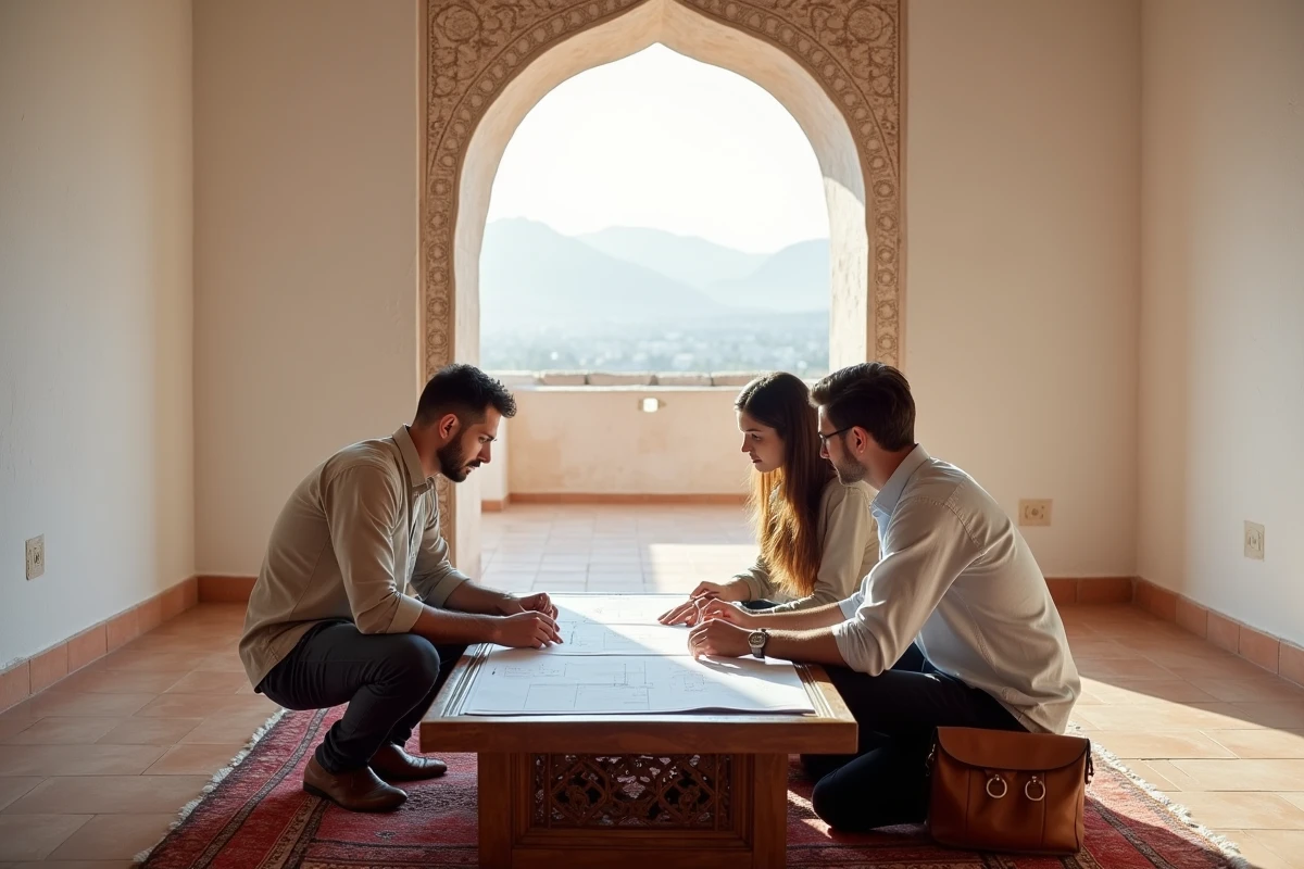 Visite d'un riad à acheter à Marrakech avec un agent immobilier, couple d'acheteurs étudiant les plans pour un projet de maison d'hôtes