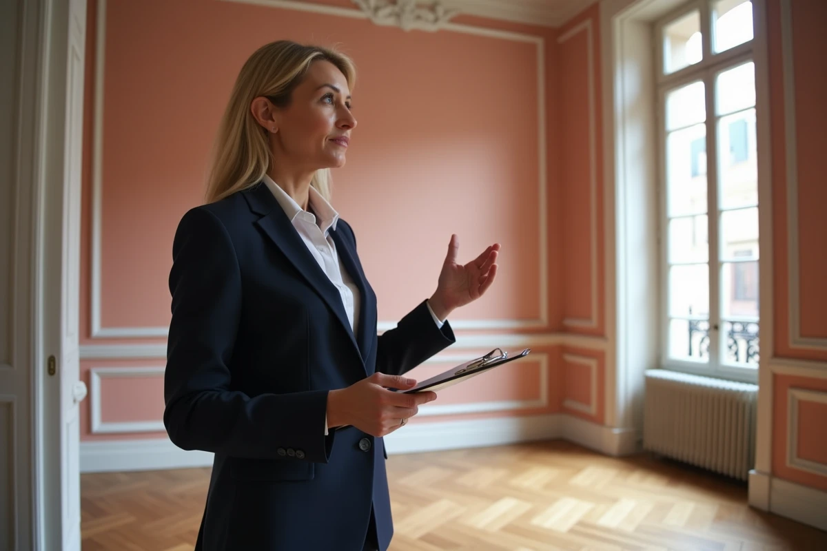 Agent immobilière présentant un appartement vide avec parquet en chevrons et moulures haussmanniennes à Toulouse