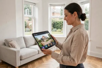 Femme utilisant une tablette pour créer une visite virtuelle 360 degrés de sa maison avant publication sur SeLoger