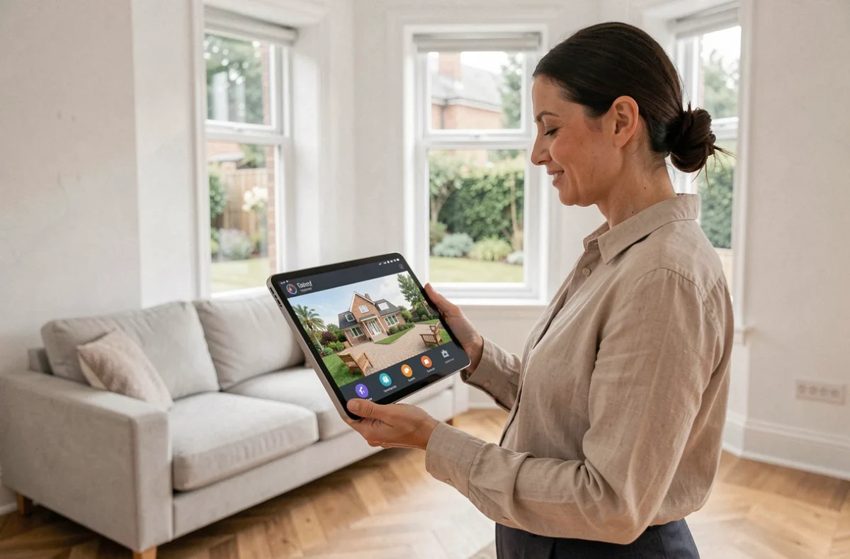 Femme utilisant une tablette pour créer une visite virtuelle 360 degrés de sa maison avant publication sur SeLoger
